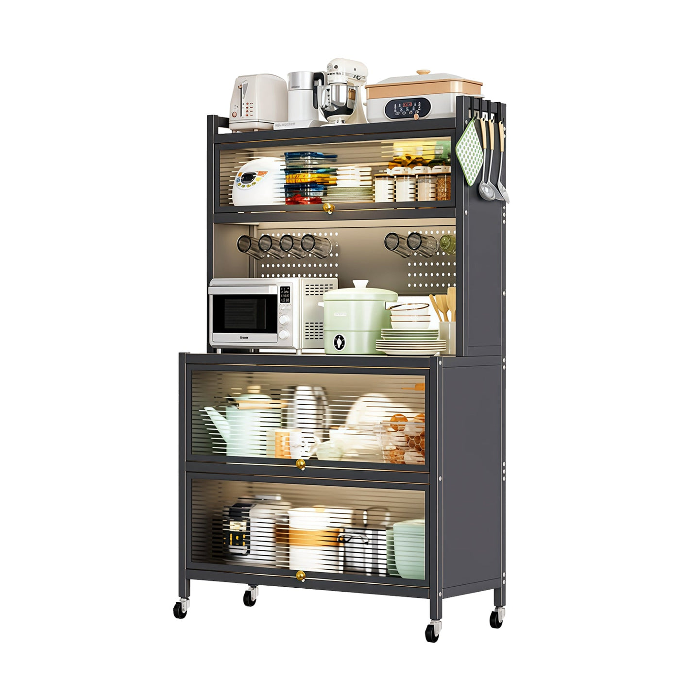 64' Kitchen Pantry Storage Cabinet, 5 Tier Metal Storage Cabinet with Wheels, Transparent Flap Door &  DIY Hole Board , Kitchen Storage Bakers Rack, for Kitchen, Living Room and Dining Room, Gray