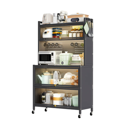 64' Kitchen Pantry Storage Cabinet, 5 Tier Metal Storage Cabinet with Wheels, Transparent Flap Door &  DIY Hole Board , Kitchen Storage Bakers Rack, for Kitchen, Living Room and Dining Room, Gray