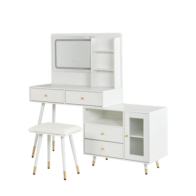 Modern Makeup Vanity Desk with Mirror and Lights, Retractable Dressing Table with Drawers and Cabinet, Compact Makeup Table Set with Power Outlet for Bedroom, White