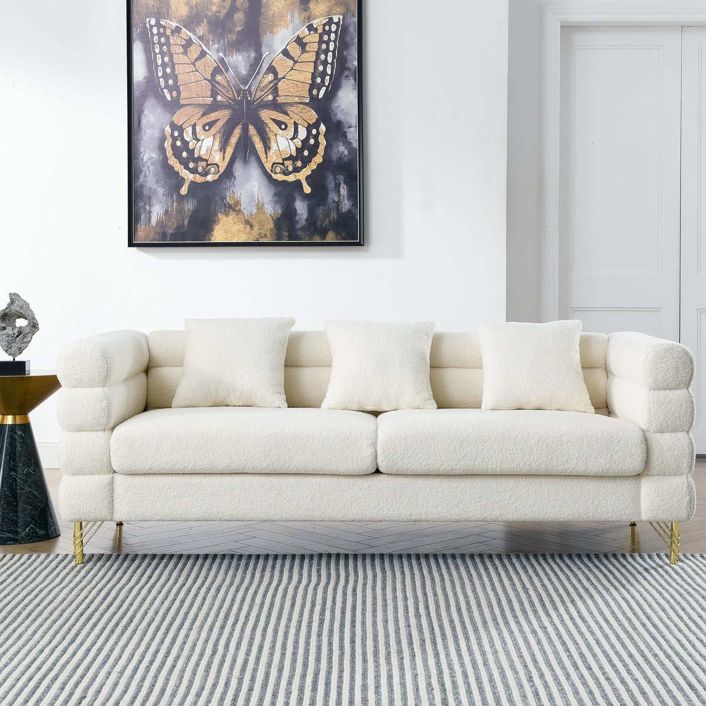 81 Inch Oversized 3 Seater Sectional Sofa, Living Room Comfort Fabric Sectional Sofa - Deep Seating Sectional Sofa, Soft Sitting with 3 Pillows for Living Room,Bedroom,White teddy(Ivory)(W834S00036)