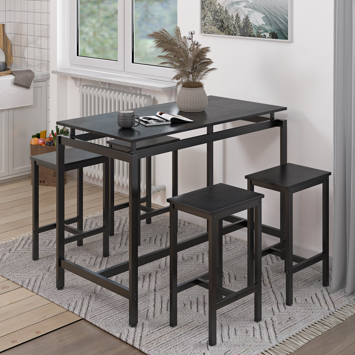 5 Pieces Dining Table Set for 4,Black Bar Table Set with 4 Bar Stools Counter Height Bar Table and Chairs Set. Pub Table Set Breakfast Table for Kitchen, Small Space