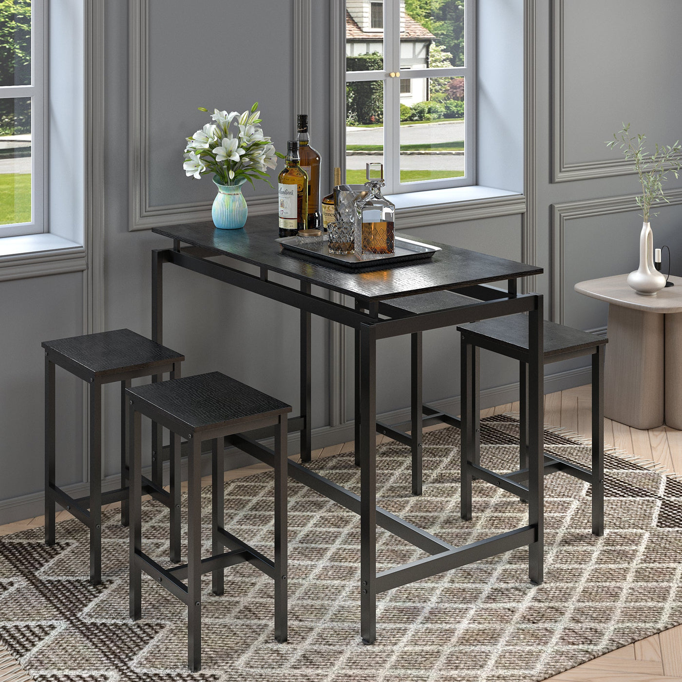 5 Pieces Dining Table Set for 4,Black Bar Table Set with 4 Bar Stools Counter Height Bar Table and Chairs Set. Pub Table Set Breakfast Table for Kitchen, Small Space