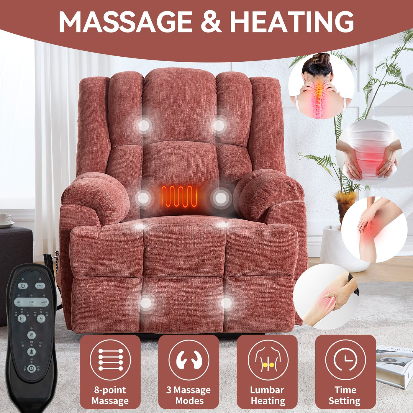 Dual Motor Heat Massage Infinite Position Up to 350 LBS Electric Power Lift Recliners with Power-Remote, Medium-firm and Heavy Duty, Red