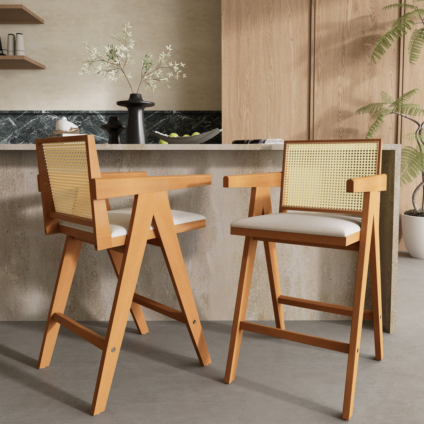 27' Height, Cream Woven Cane Plastic Backrest Bar Stool - Foam-Padded Fabric Seat & Durable Rubberwood Frame