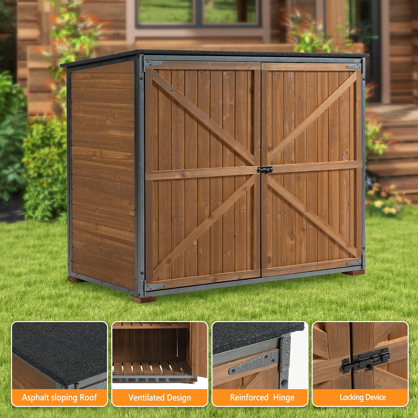 Outdoor Storage Cabinet 50.4'L X 26.8'W X 41'H, Garden Shed Tool Shed with Metal Frame Structure for Backyard Garden Patio Lawn (Brown)