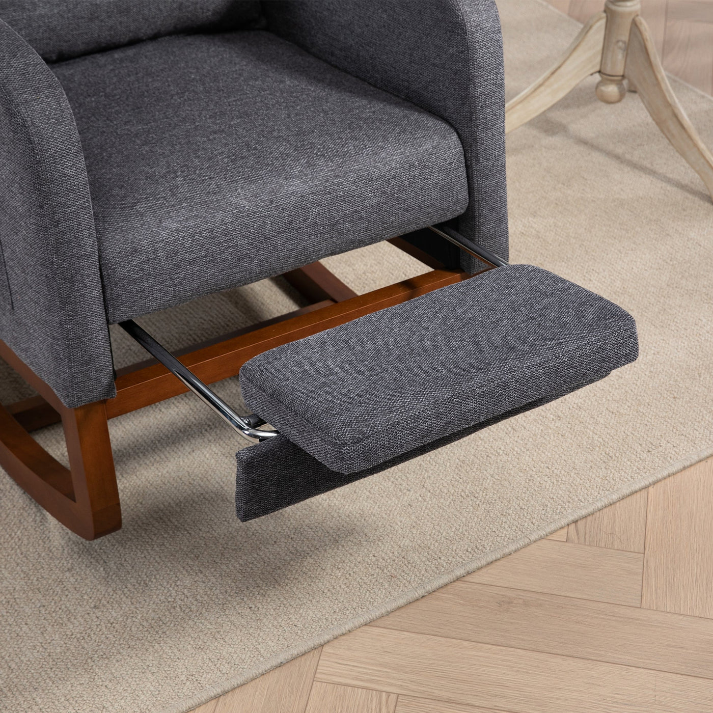 25.4'W Modern Rocking Chair for Nursery, Mid Century Accent Arm Rocker With Retractable Footrest, Side Pocket, Comfy Upholstered Wingback Wooden Glider Chair for Living Room Baby Kids Room. Charcoal