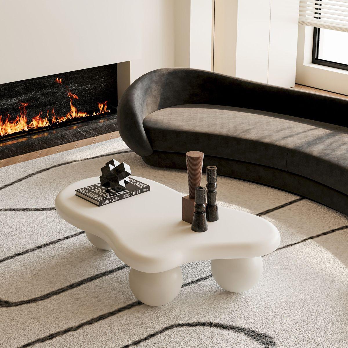 40 Inch Cloud Shaped Coffee Table with 3 Ball Legs for Living Room, Cream White
