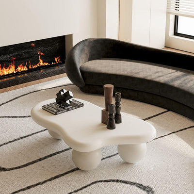 40 Inch Cloud Shaped Coffee Table with 3 Ball Legs for Living Room, Cream White