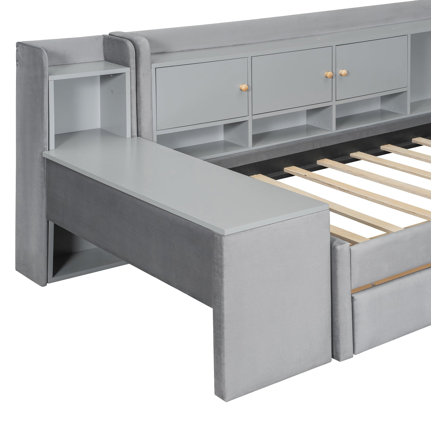 Twin Size Upholstered Daybed with Drawers, Shelves, Flip Cabinets & Side Table (Gray)
