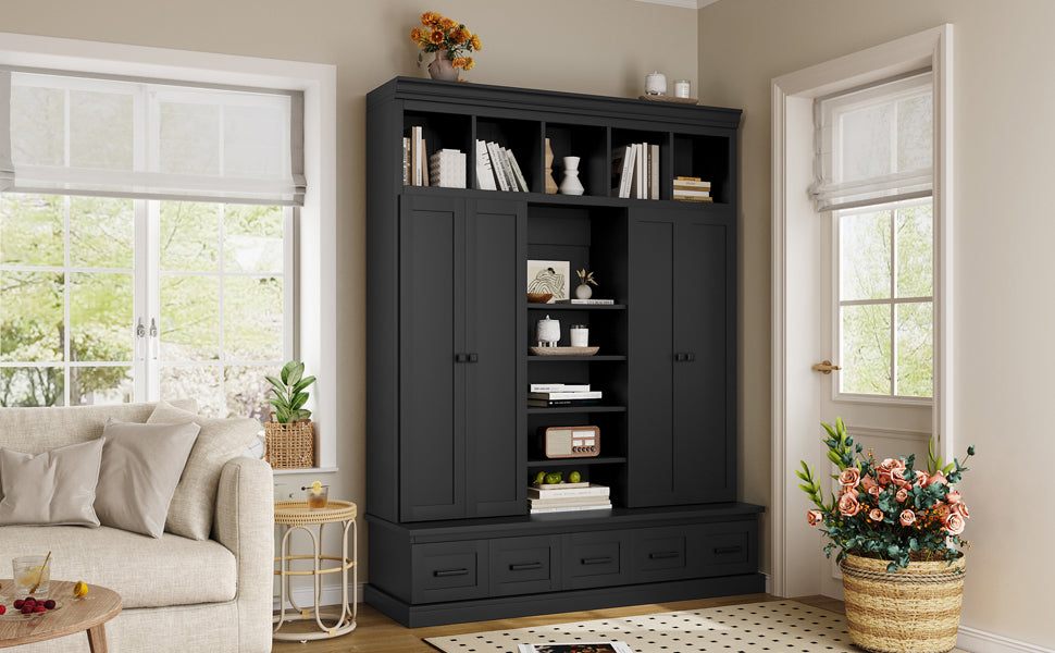 U-Can 78.7'H Hall Tree with Bench and 5 Storage Cubbies, Modern Entryway Storage Organizer Cabinet with 4 Doors, 5 Drawers and Adjustable Shelves for Hallway, Entryway, Living Room