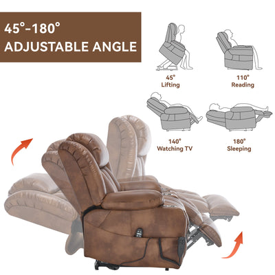 Dual Motor Infinite Position Up to 350 LBS Leatherair Power Lift Recliner Chair, Heavy Duty Motion Mechanism with 8-Point Vibration Massage and Lumbar Heating, Stainless steel Cup Holders, Brown