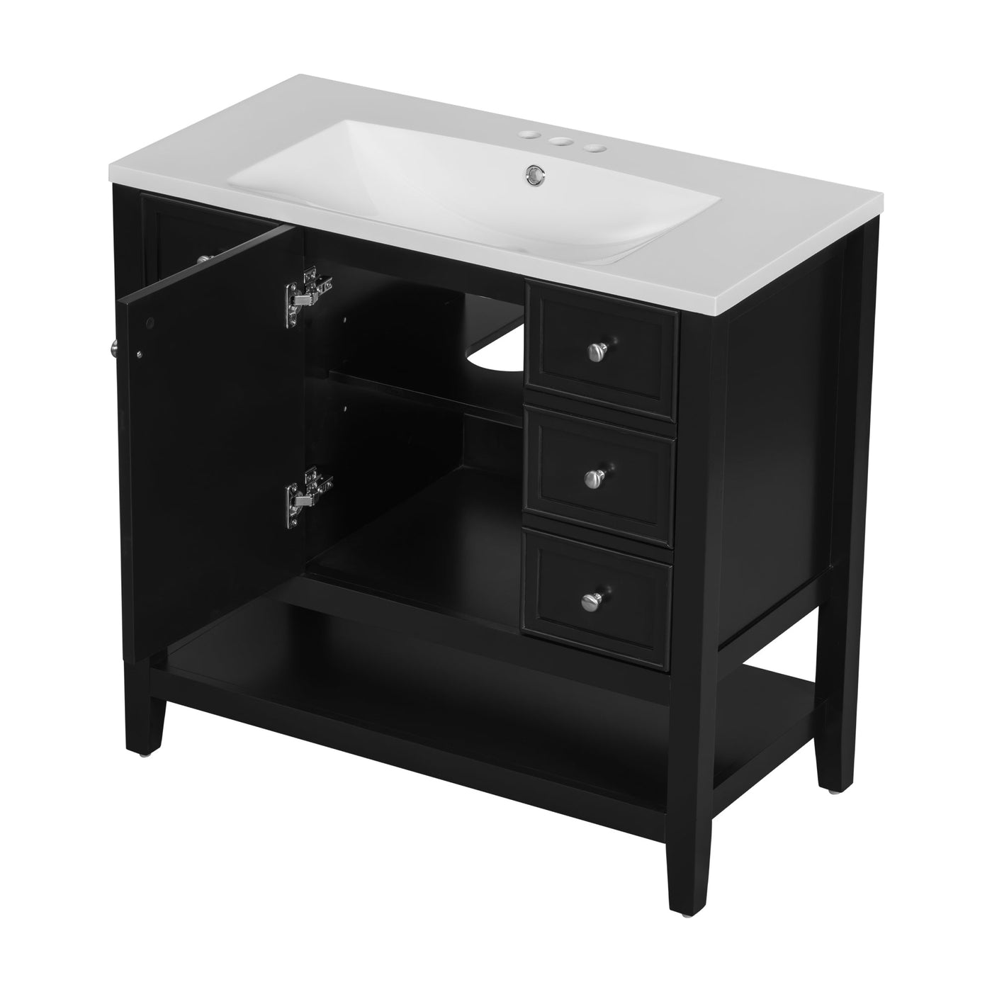 36' Bathroom Vanity with Sink Combo, One Cabinet and Three Drawers, Solid Wood and MDF Board, Black (Old Sku:SY999505AAB)