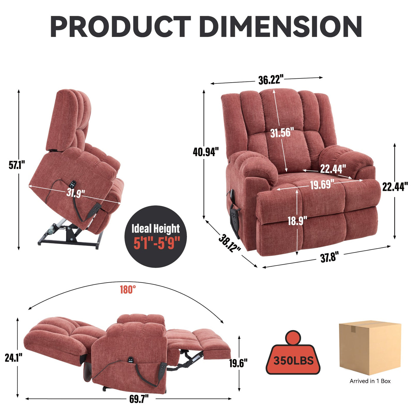 Dual Motor Heat Massage Infinite Position Up to 350 LBS Electric Power Lift Recliners with Power-Remote, Medium-firm and Heavy Duty, Red