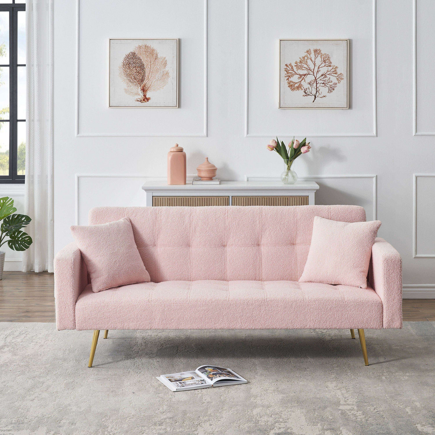 Teddy Fleece Sofa Bed with Throw Pillows and Metal Legs in Pink, 71.7-inch