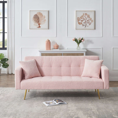 Teddy Fleece Sofa Bed with Throw Pillows and Metal Legs in Pink, 71.7-inch