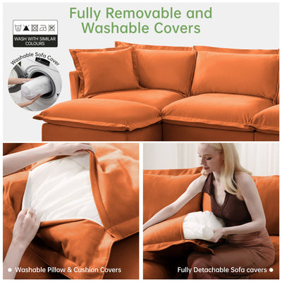 Slipcovered Sectional 2 Seater Sofa Couch with Convertible Ottoman, Wide and Deep Seat L Shaped Sofa with Detachable Cover and Soft Multiple Big Pillows, Chenille Fabric, Orange
