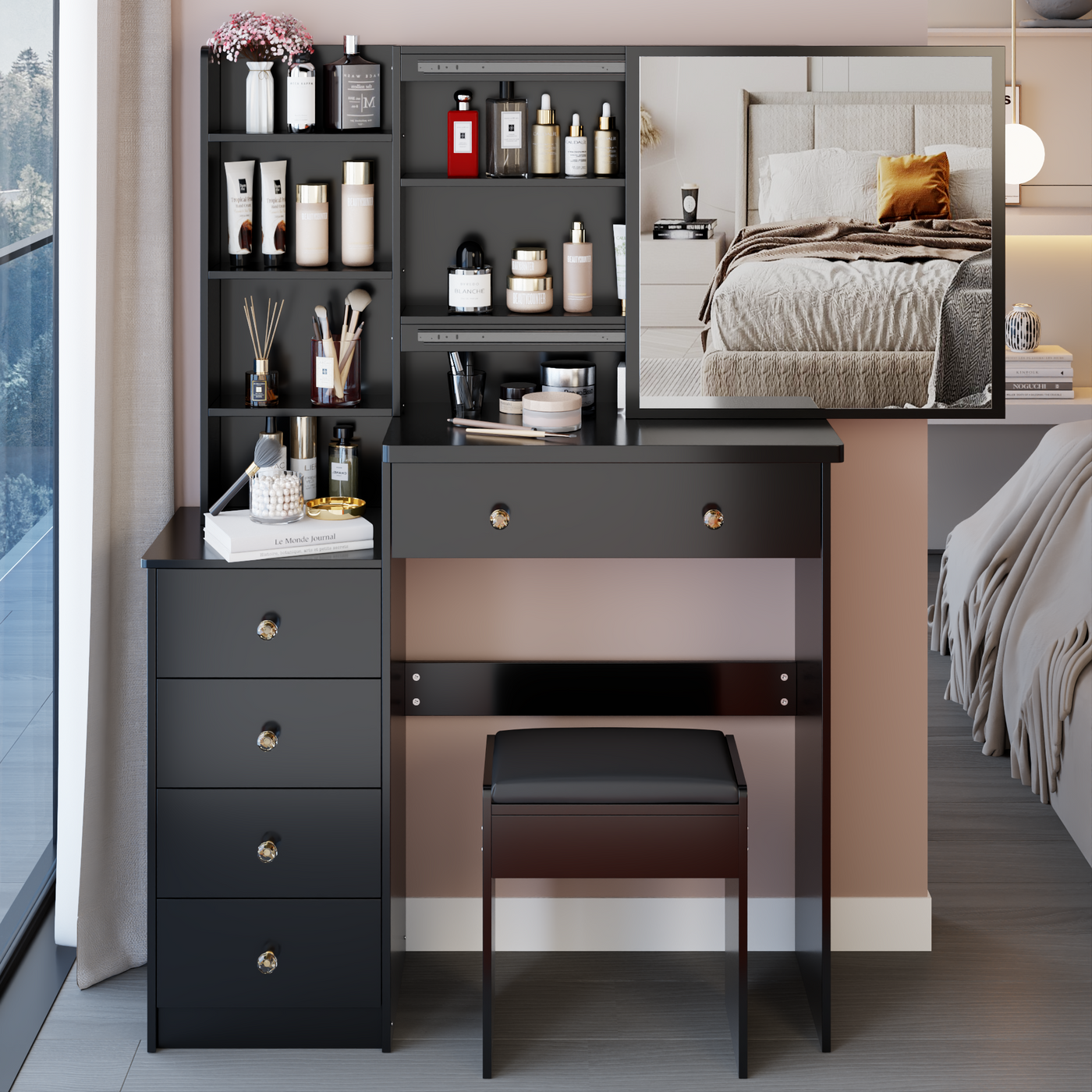 37' Middle Size Left Bedside Cabinet Vanity Table + Cushioned Stool, Extra Large Right sliding mirror, Multi Layer High Capacity Storage, Practical Fashionable Dresser, Suitable For Middle Space