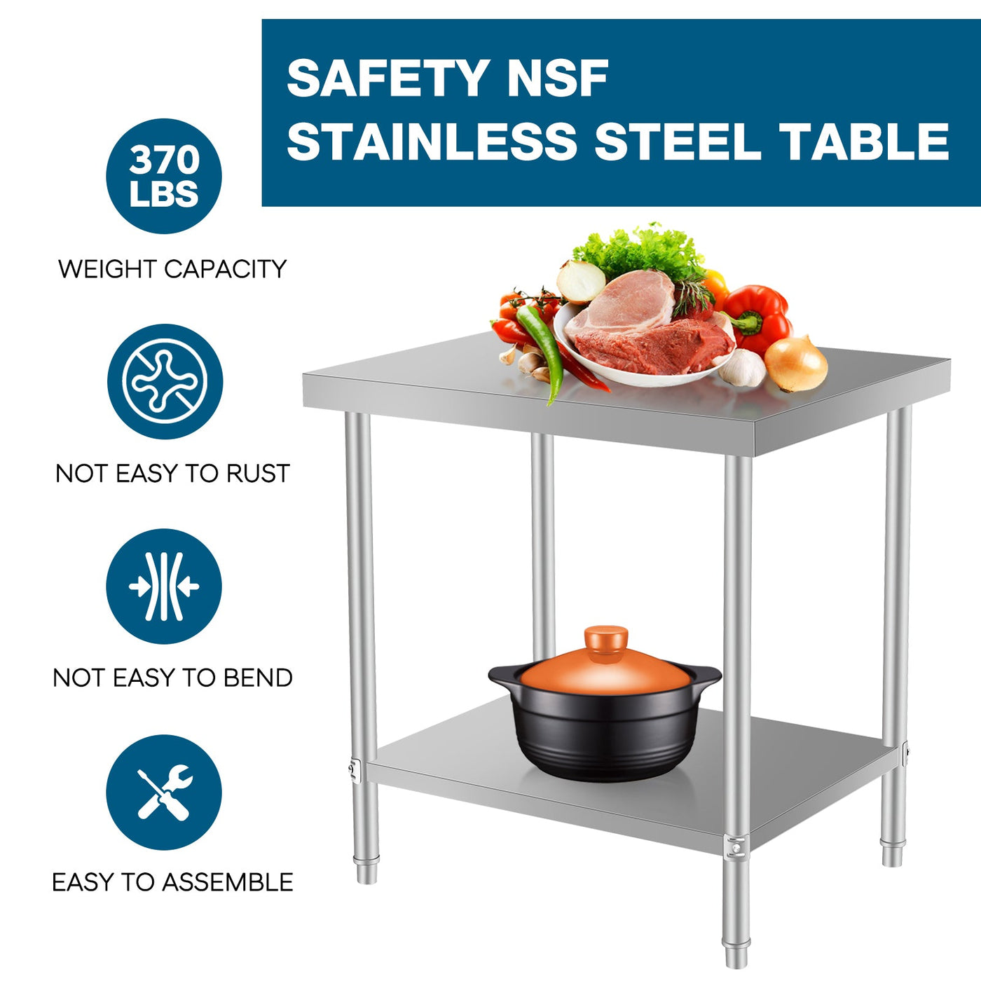 36''*24'' Commercial Work Table for Restaurant and Home Stainless Steel Kitchen Prep Table with Under Shelf