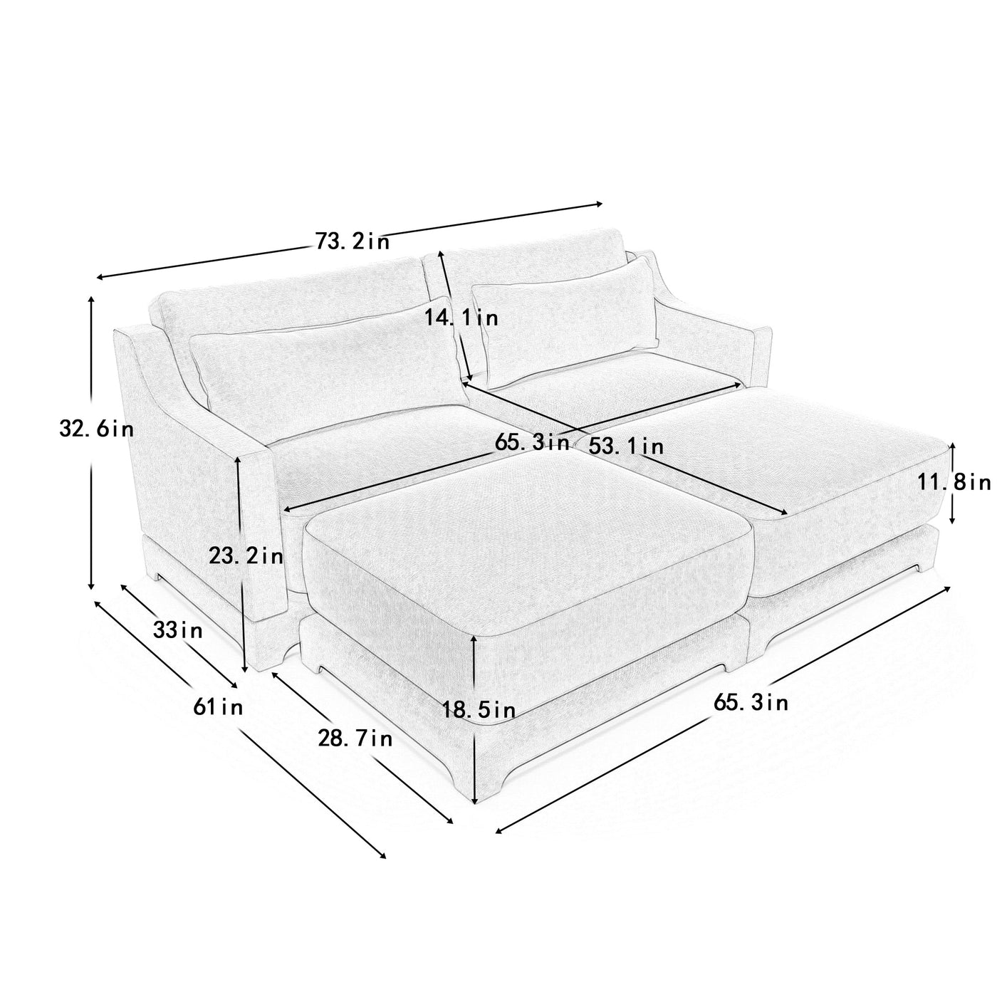 Elegant Two-Seater Sofa with Ottoman and Lumbar Pillows, Sky Blue Chenille, High-Quality Wood