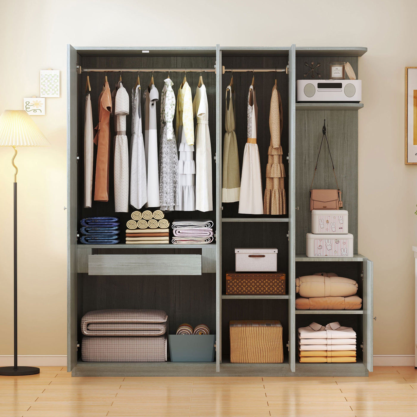 4-Door Wardrobe with Shelves, Drawers, and Full-Length Mirror, Gray