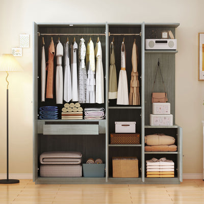 4-Door Wardrobe with Shelves, Drawers, and Full-Length Mirror, Gray