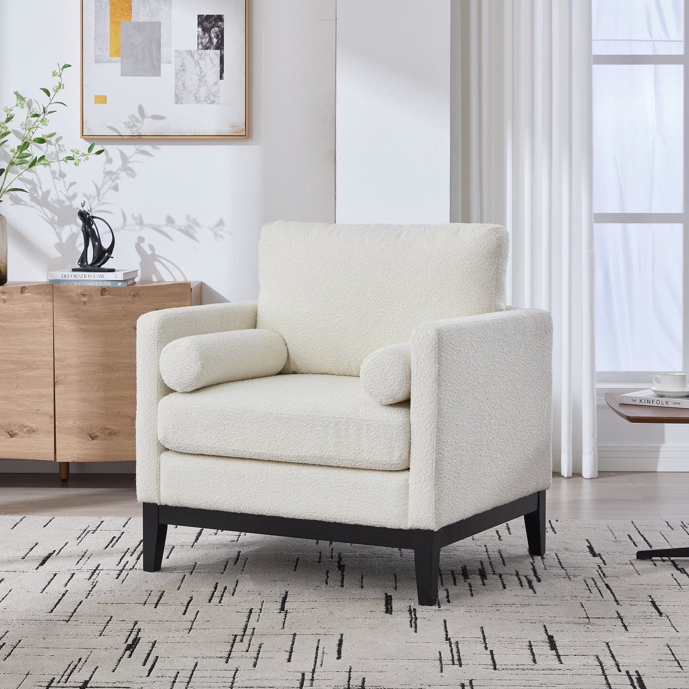 35.4' Wide Modern Farmhouse Performance Accent Chair with Black Finish Legs, Wood Base Reading Armchair Single Sofa with Two Bolster Pillows for Living Room Offices and Lounge, Ivory Boucle.