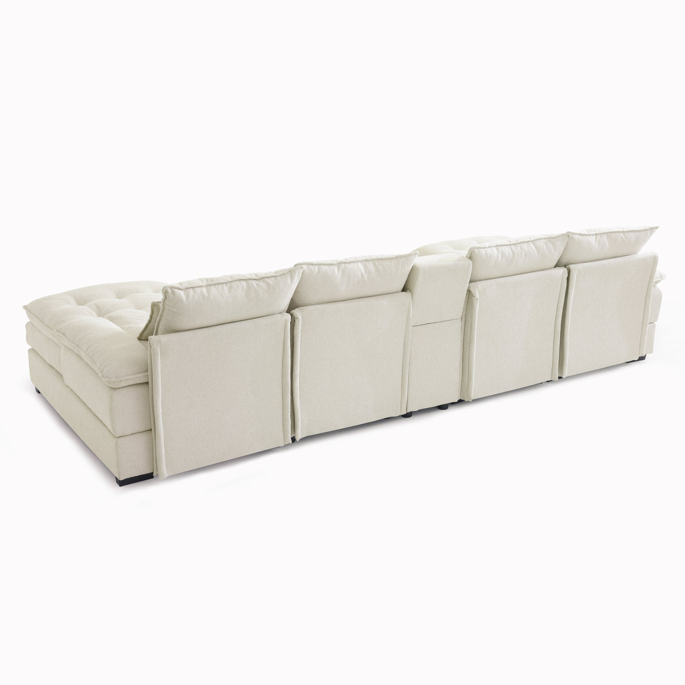 U-shaped Beige Upholstered Sofa with Console and Cupholders for Living Room