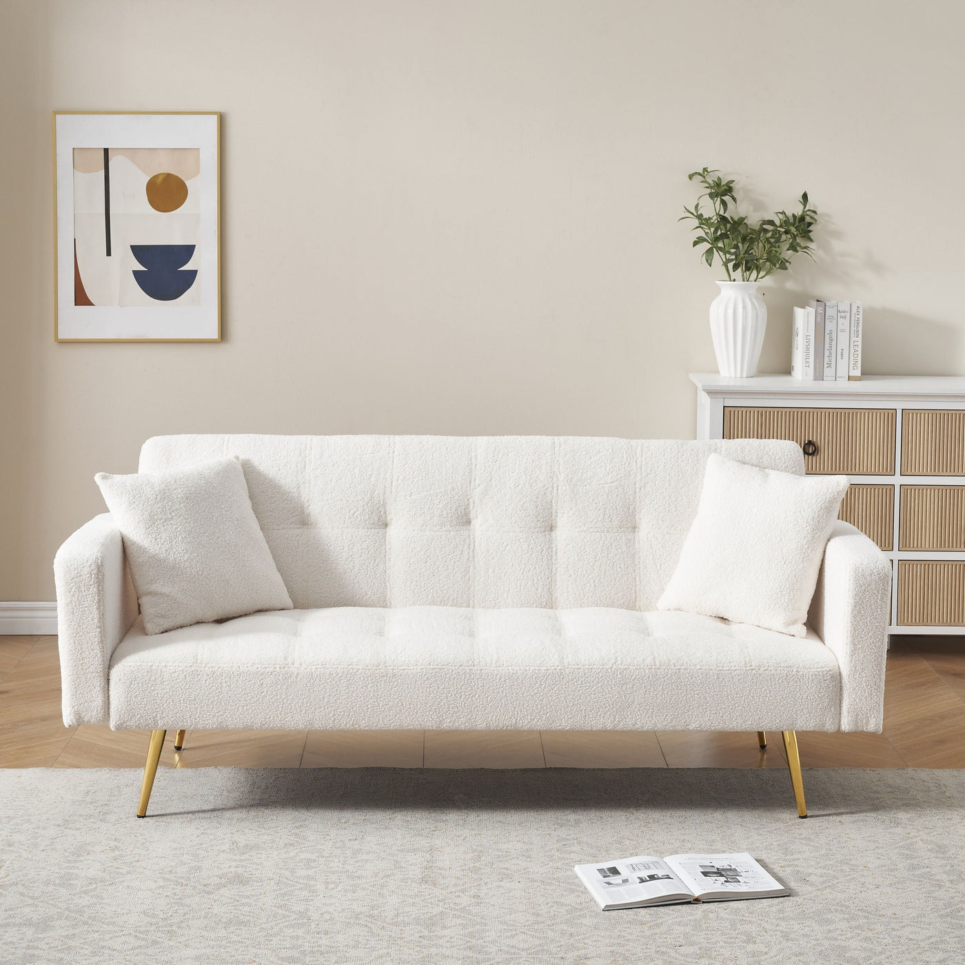 Teddy Fleece Sofa Bed with Luxurious Throw Pillows, Beige Fabric, 71.7-Inch