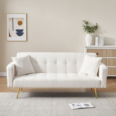 Teddy Fleece Sofa Bed with Luxurious Throw Pillows, Beige Fabric, 71.7-Inch