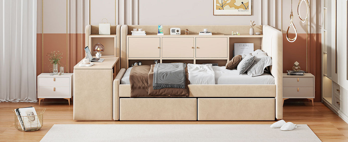 Twin Size Upholstered Daybed with Drawers, Shelves, Flip Cabinets & Side Table (Beige)