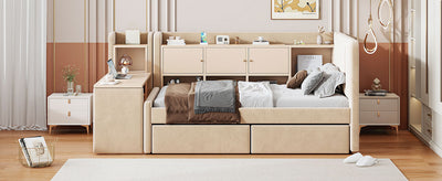 Twin Size Upholstered Daybed with Drawers, Shelves, Flip Cabinets & Side Table (Beige)