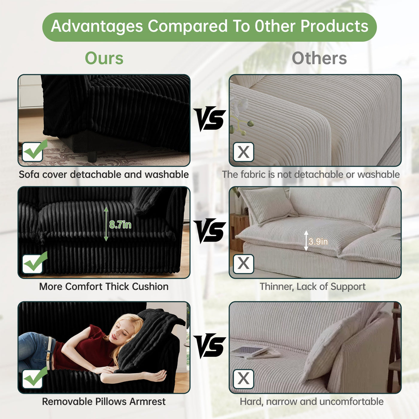 Slipcovered L Shape Sectional Long Sofa Couch, 4 Seater Sofa with Suppleness Armrests,Deep Seat Sofa with 2 Big Pillows, Comfy Couch for Living Room, Apartment, Black Corduroy Fabric