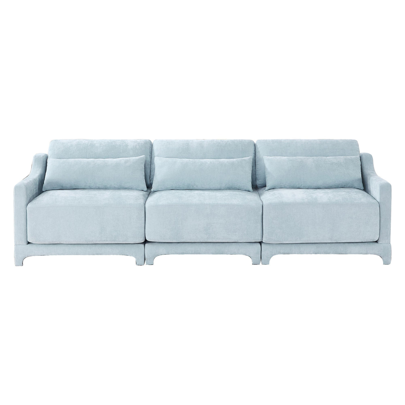 Elegant Sky Blue Three-Seater Sofa with Lumbar Pillow, Chenille Upholstery, Ergonomic Design, Wooden Base