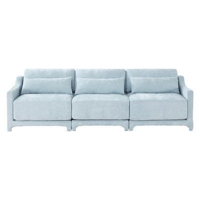 Elegant Sky Blue Three-Seater Sofa with Lumbar Pillow, Chenille Upholstery, Ergonomic Design, Wooden Base