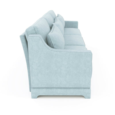 Elegant Sky Blue Three-Seater Sofa with Lumbar Pillow, Chenille Upholstery, Ergonomic Design, Wooden Base