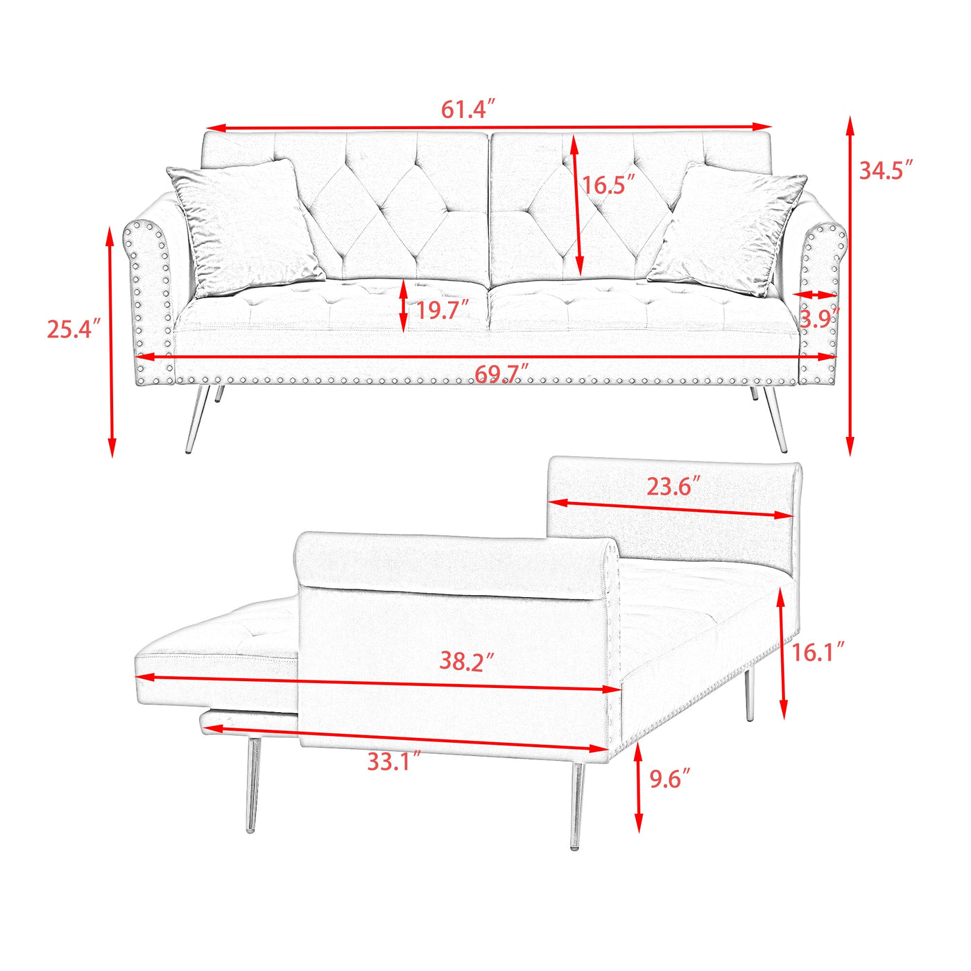 Velvet Sofa Bed with Nail Head Trim and Throw Pillow in Green, 69.7 Inches, Sponge Filling, Gold Metal Legs