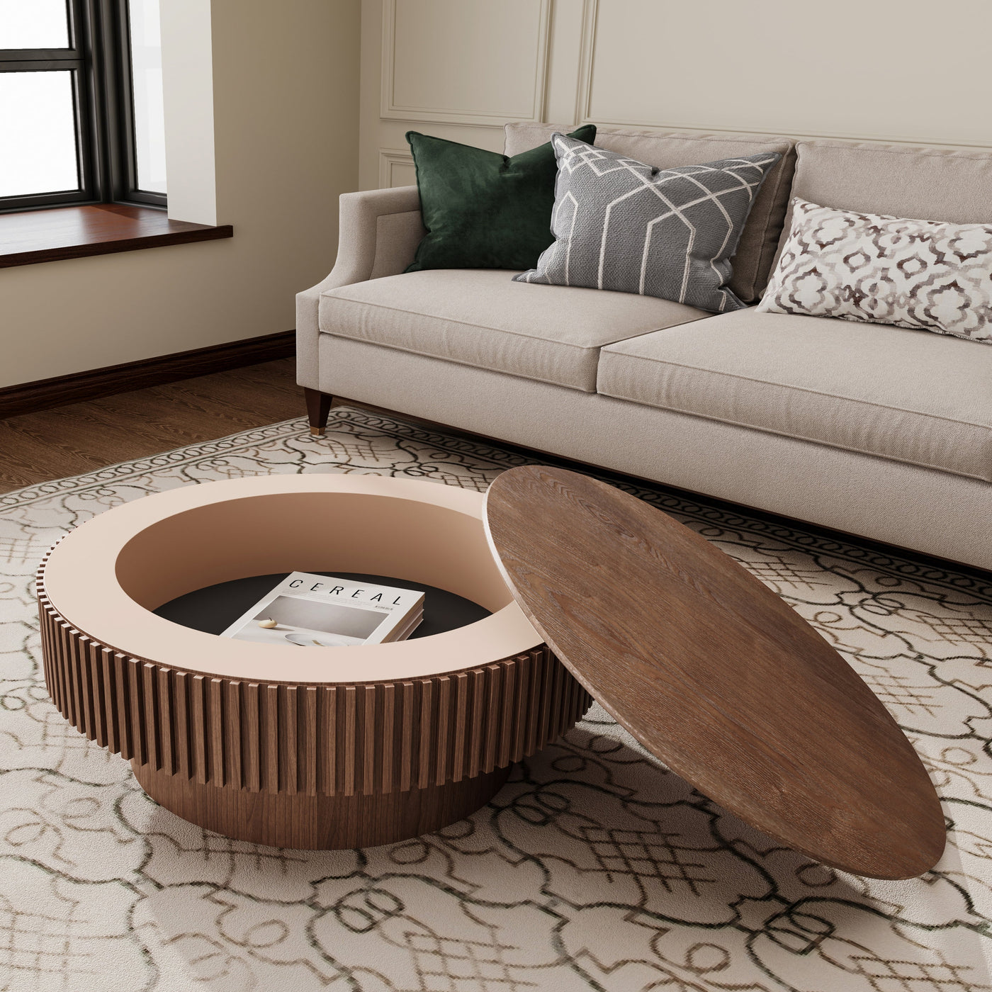 31.5'' Round Coffee Table with Storage Solid Wood Veneered Modern Coffee Table Accent Tea Table for Living Room, Bedroom, Apartment or Office, Walnut