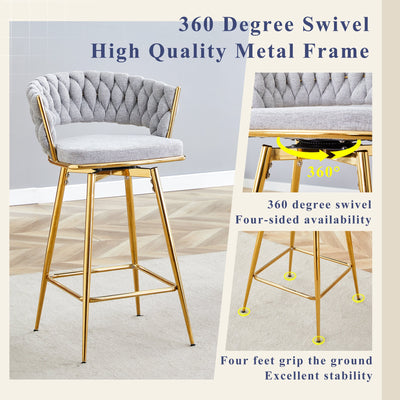 A set of 4 rotating bar stools, equipped with breathable linen cushions - beige seats with golden metal legs, suitable for the height of the kitchen island, dining table or bar counter