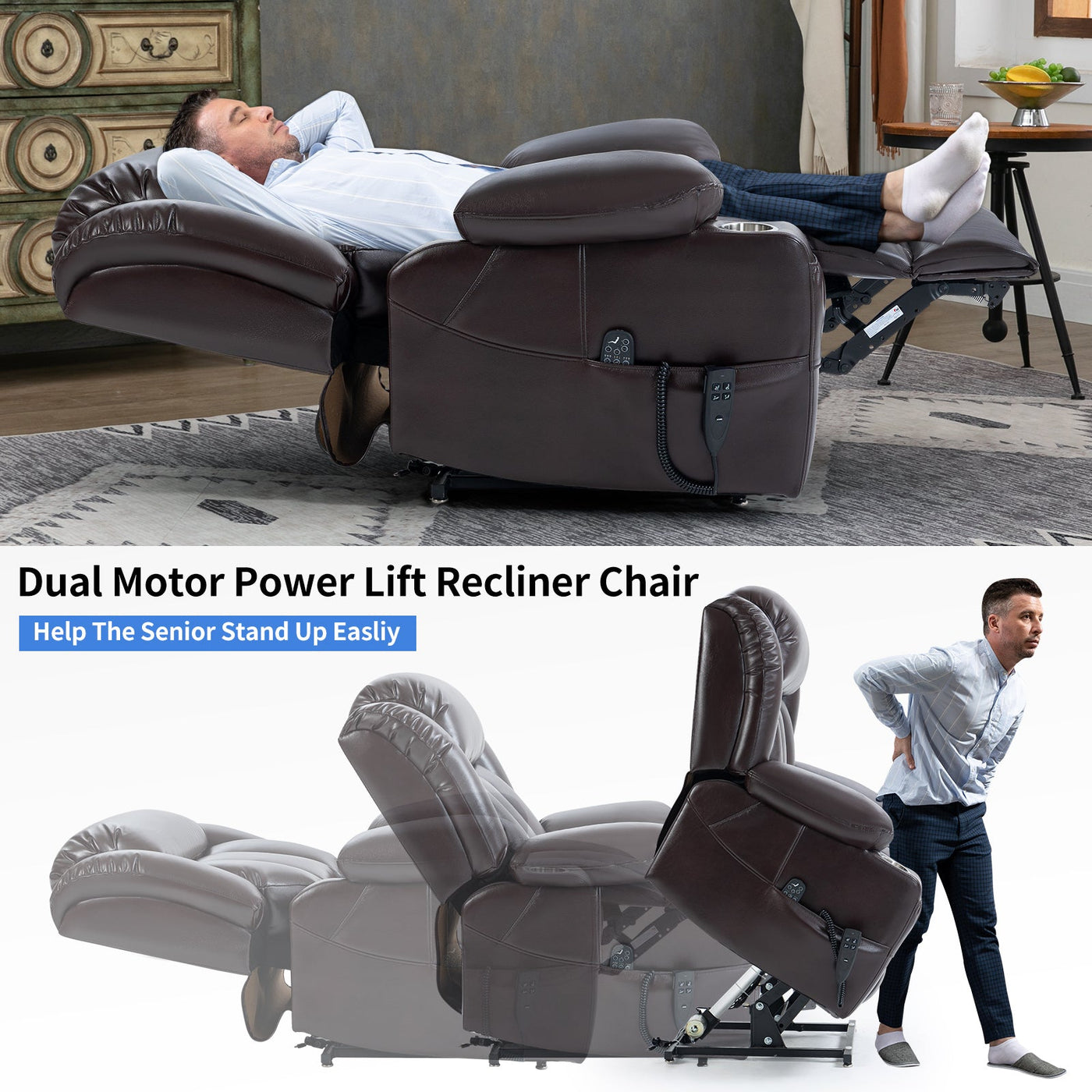 Dual Motor Infinite Position Up to 350 LBS Leatherair Power Lift Recliner Chair, Heavy Duty Motion Mechanism with 8-Point Vibration Massage and Lumbar Heating, Stainless steel Cup Holders, Brown