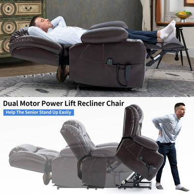Dual Motor Infinite Position Up to 350 LBS Leatherair Power Lift Recliner Chair, Heavy Duty Motion Mechanism with 8-Point Vibration Massage and Lumbar Heating, Stainless steel Cup Holders, Brown