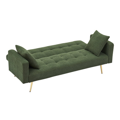 Elegant Green Teddy Fleece Sofa Bed with Two Charming Throw Pillows, Metal Legs, 71.7 Inches