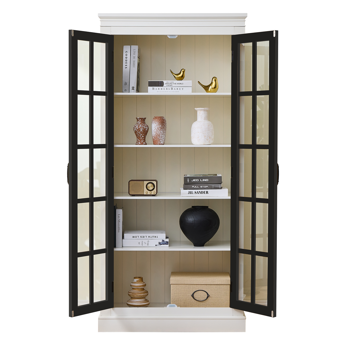 Rustic Style Display Cabinet with Glass Doors for Collectibles - White & Black, 71.2'' Tall