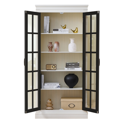 Rustic Style Display Cabinet with Glass Doors for Collectibles - White & Black, 71.2'' Tall