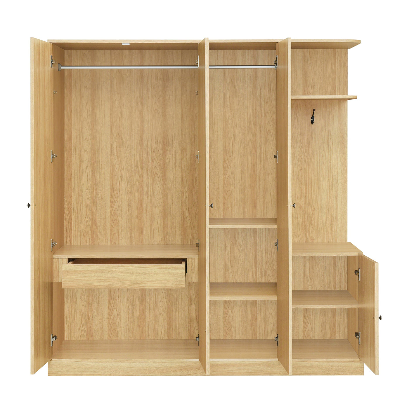 4-Door Wardrobe with Shelves, Drawers, and Full-Length Mirror, Natural