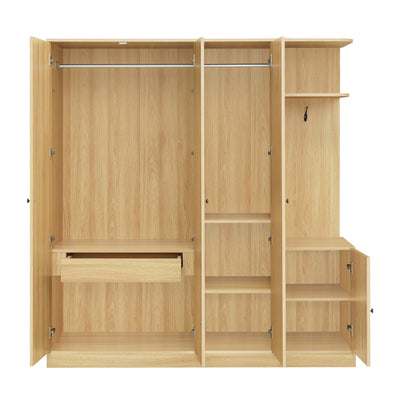 4-Door Wardrobe with Shelves, Drawers, and Full-Length Mirror, Natural