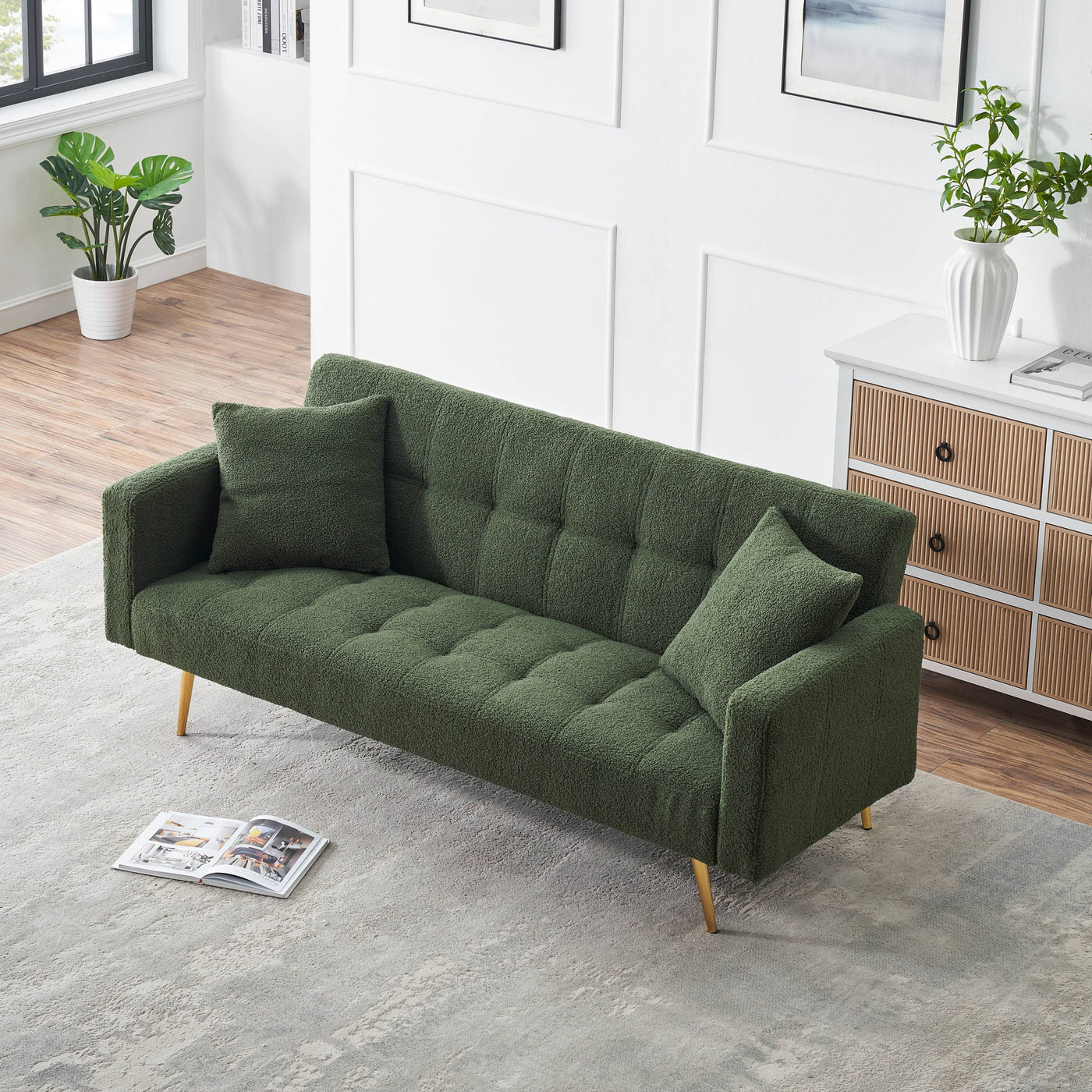 Elegant Green Teddy Fleece Sofa Bed with Two Charming Throw Pillows, Metal Legs, 71.7 Inches