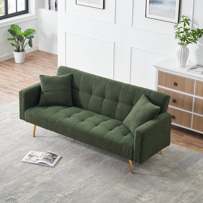 Elegant Green Teddy Fleece Sofa Bed with Two Charming Throw Pillows, Metal Legs, 71.7 Inches
