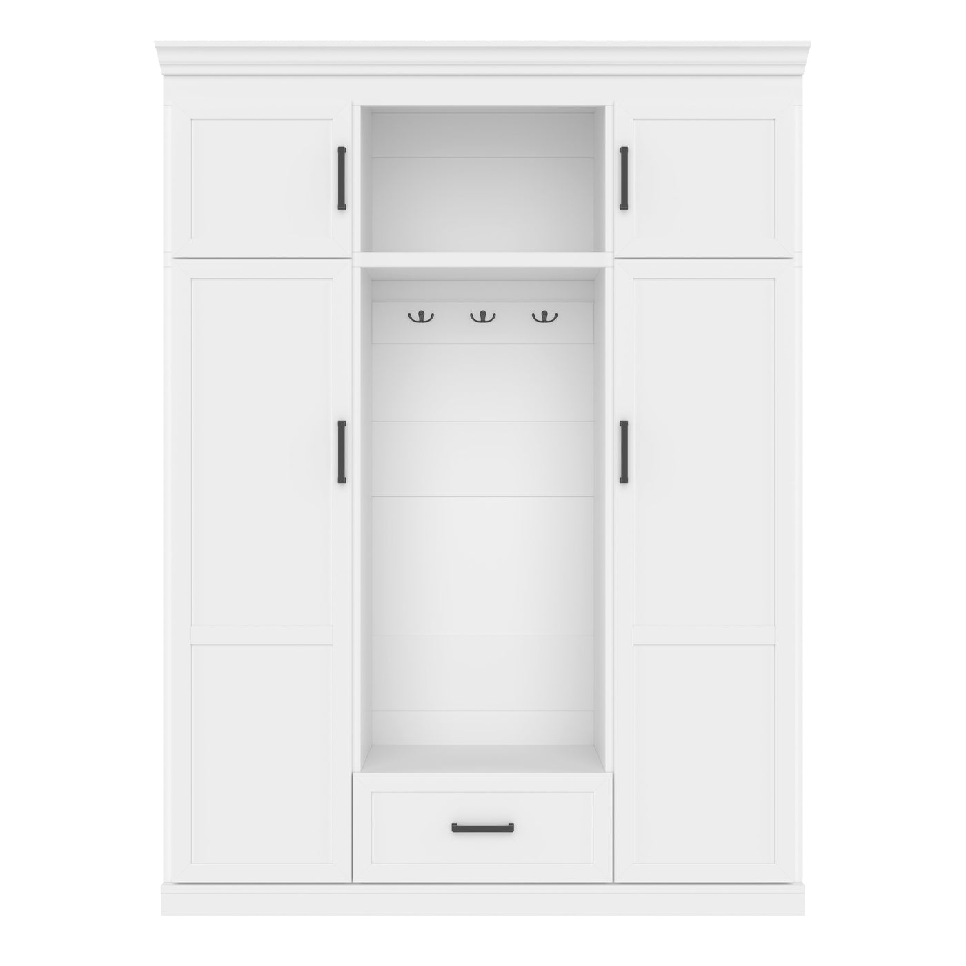 U-Can 85.2''H Hall Tree with Bench and 3 Hooks, Modern Entryway Storage Organizer Cabinet with 4 Doors, 1 Drawer and Adjustable Shelves for Hallway, Entryway, Living Room