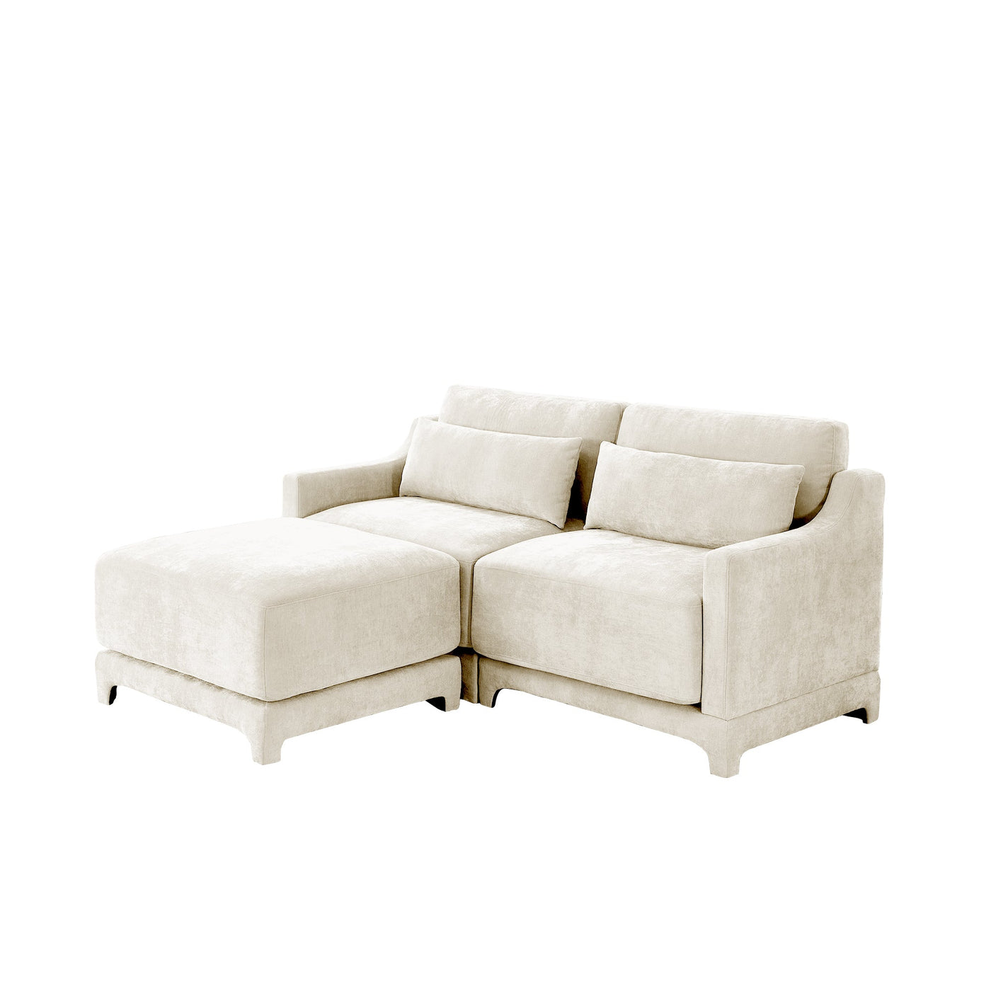 Elegant Two-Seater Sofa with Ottoman, Lumbar Pillows, Ergonomic Design, Beige Chenille, Wood Frame