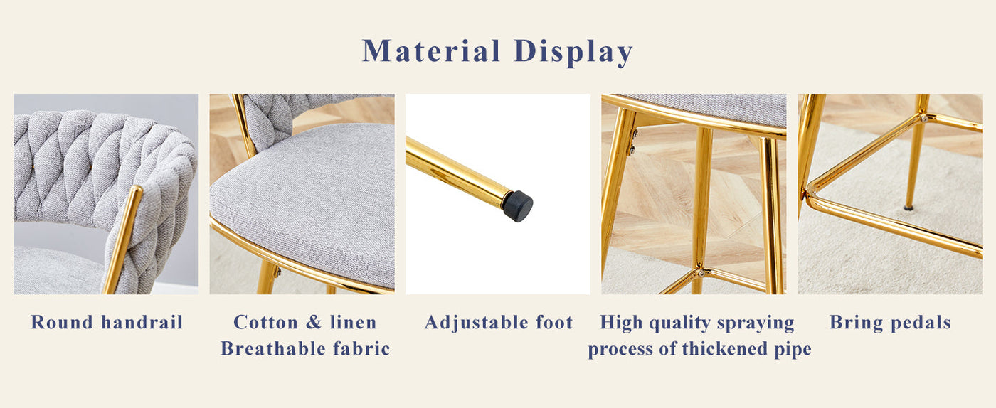 A set of 4 rotating bar stools, equipped with breathable linen cushions - beige seats with golden metal legs, suitable for the height of the kitchen island, dining table or bar counter